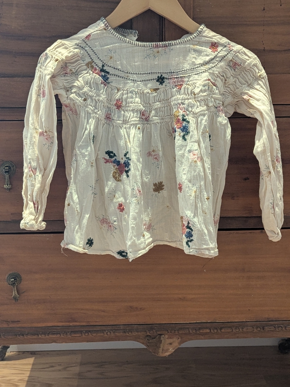 Zara Cream Smocked Blouse with Multicolor Floral Embroidery